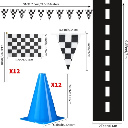 Miniatura 2 de Skylety Juego de conos de tráfico y banderas a cuadros de carreras, incluye 12 conos de tráfico de plástico, 12 banderas con palos, banderín a Azul