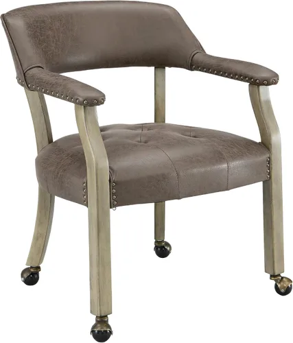 Modernas sillas de escritorio de comedor y oficina de madera maciza marrón retro con ruedas, brazos y asiento tapizado, 31.5 pies de alto Pierna