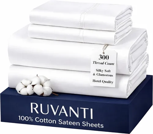 Miniatura 20 de RUVANTI Juego de sábanas de 100 % algodón tamaño matrimonial, tejido de satén suave y sedoso de 300 hilos, refrescante, ligero y transpirable, Beige