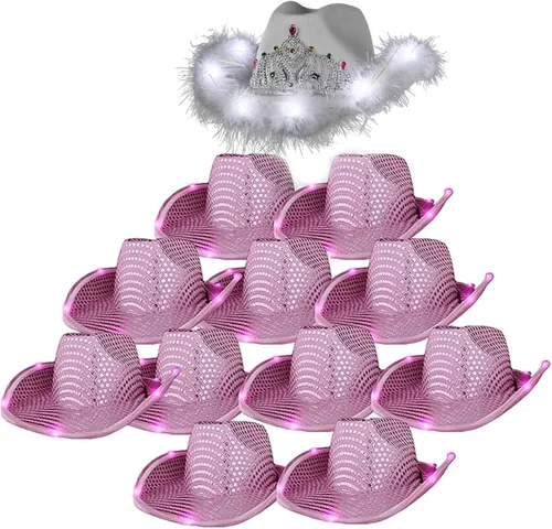 blinkee Paquete de 12 sombreros de vaquero de lentejuelas rosas y tiara LED blanca para despedida de soltera para fiesta nupcial