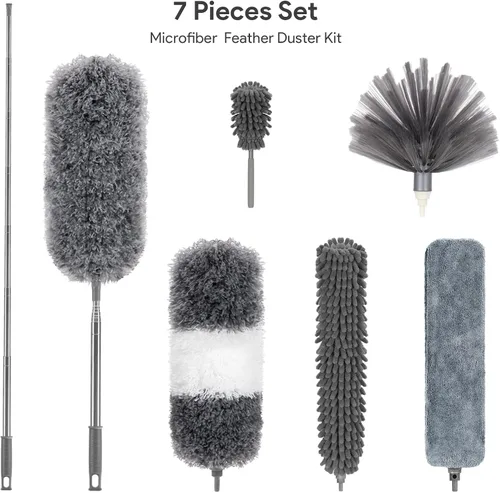 Miniatura 3 de DELUX Plumero de microfibra con 7 plumeros, reutilizables, flexibles, lavables, con poste de extensión extra largo de 100 pulgadas para limpiar