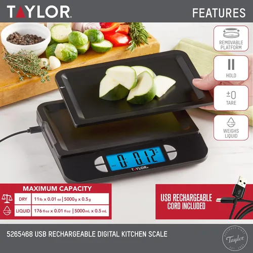 Miniatura 3 de Taylor Báscula digital recargable por USB para cocina y alimentos, capacidad de 11 libras con bandeja apta para lavavajillas, cable incluido Negro