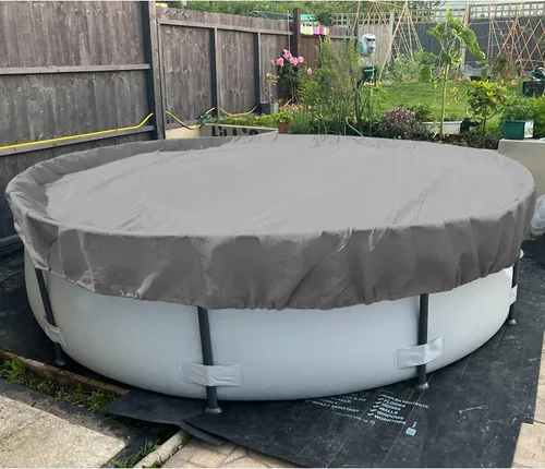 Miniatura 2 de Patio Cubiertas redondas para piscinas sobre el suelo, cubierta de seguridad para alberca de invierno de 10 pies, lona resistente con cabrestante