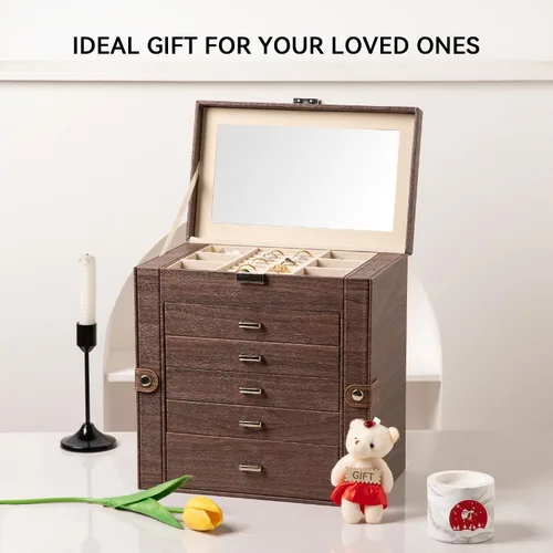 Miniatura 7 de Frebeauty Joyero grande, organizador de joyas de piel sintética de 6 niveles, estuche de almacenamiento multifuncional con espejo, soporte
