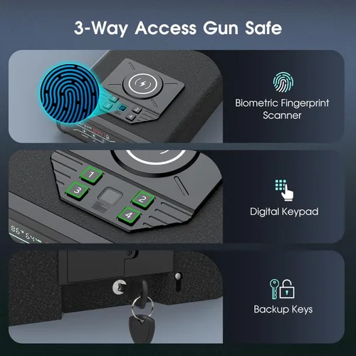 Miniatura 3 de Caja fuerte para pistola de pistola, biométrica de acceso rápido con carga inalámbrica para reloj y teléfono, teclado de huellas dactilares 3 en 1