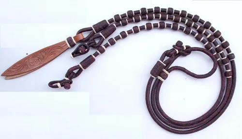 Miniatura 2 de Castaño/Borgoña/Granate Raw Hide Cuerda hecha a mano Nudos a juego Cuero Crudo Caballo Trenzado a Mano Romel Ranch Cuerda/Cuerda Reins-8.5 pies, 52