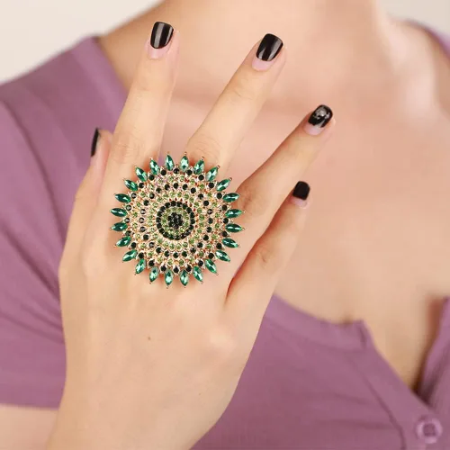 YERTTER Anillo étnico de cristal redondo grueso y bohemio colorido para mujer, anillo vintage ajustable y elegante con diamantes de imitación para