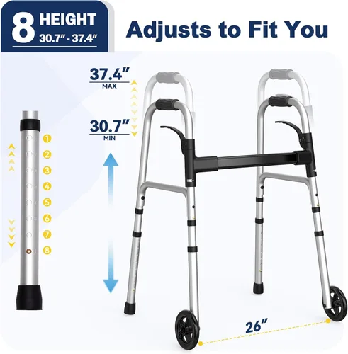Miniatura 7 de Caminantes plegables para personas mayores, ruedas de 5 pulgadas, caminante ligero con ruedas, soporta hasta 350 libras, caminante estándar