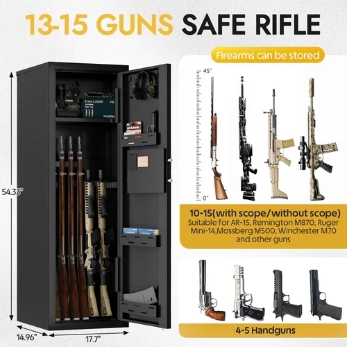 Miniatura 3 de KAER Caja fuerte biométrica 10-15 para rifles y pistolas, gabinete grande para armas con estantes extraíbles y estante ajustable, teclado de huellas