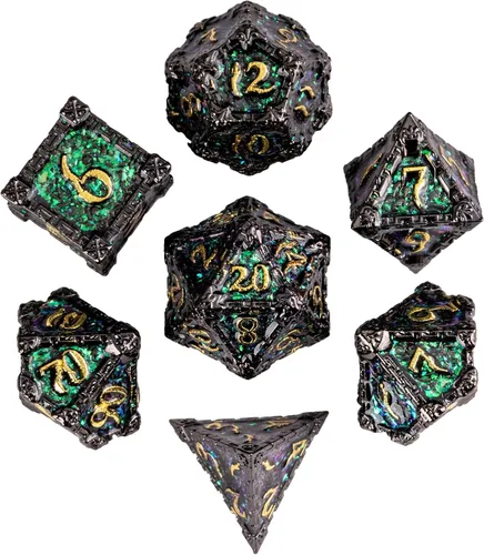 Miniatura 13 de Cusdie 7 dados de metal con caja de metal, juego de dados poliédricos DND con diseño de daga, para juegos de rol, dados D&D (negro con fuente roja)