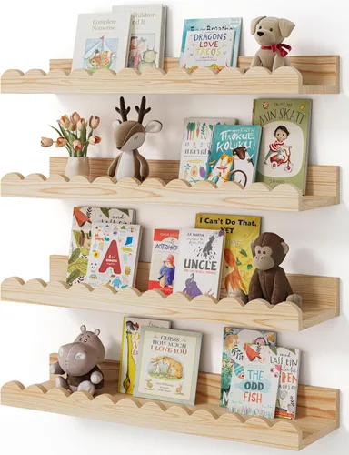 Miniatura 14 de Shario Estantes para libros de guardería, paquete de 4 estantes flotantes para pared de niños, estantes festoneados, estantes de pared
