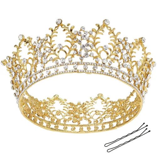 FRCOLOR Corona de princesa dorada barroca con joyas, coronas y tiaras de diamantes de cristal vintage, accesorios para el cabello para mujer