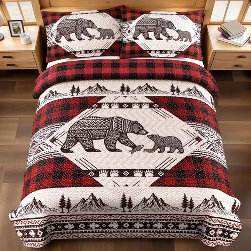 Juego de 3 piezas de colcha tamaño King para cabaña, reversible, navideño, rústico, de microfibra, suave, ligera, de granja, con 2 fundas de 2-Oso