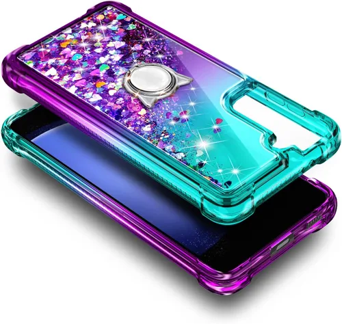 Miniatura 6 de Funda compatible con Samsung Galaxy S24-FE Aqua/Purple Funda líquida flotante con purpurina linda con protector de pantalla de vidrio templado