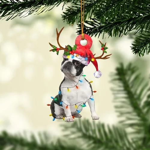 Miniatura 17 de Talataca Boston Terrier con camión rojo de Navidad, árbol de pino, regalo 2D plano para espejo retrovisor, accesorios para el árbol de Navidad
