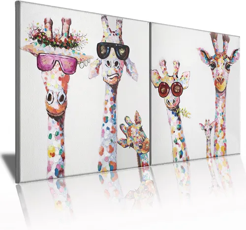 Divertido lienzo de animales para decoración de pared, encantadoras jirafas familiares, dibujos animados, pintura, impresiones enmarcadas, Bonitas