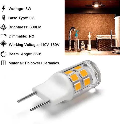 Miniatura 2 de Bombilla LED G8/GY8.6 de 3 vatios de luz blanca cálida – Base G8 bi-pin xenón tipo JCD LED 120V 20W bombilla halógena de repuesto, luz debajo