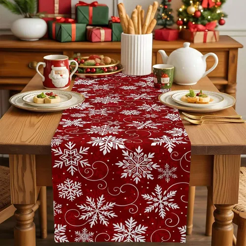 Miniatura 4 de Camino de mesa de copos de nieve rojos de 36 pulgadas de largo para decoración de mesa de comedor, camino de mesa de lino de algodón lavable, camino