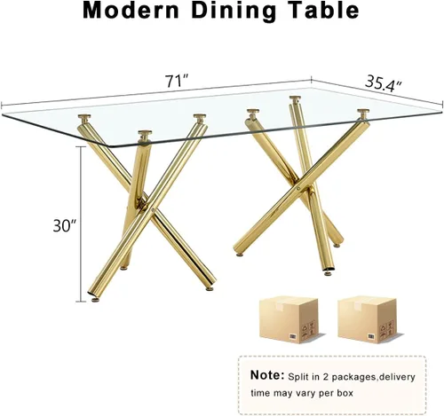 Miniatura 2 de Mesa de comedor de cristal de 71 pulgadas, mesa de comedor dorada para 6-8, mesa de cocina y comedor de gran tamaño con parte superior de vidrio