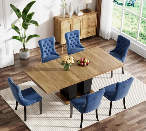Miniatura 26 de Juego de mesa de comedor extensible marrón de 63 a 78.74 pulgadas para 4, juego de mesa de comedor de 5 piezas con 4 sillas, mesa de cocina