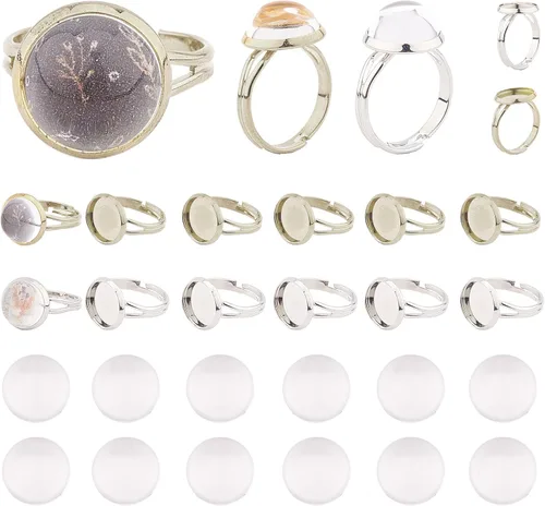 Miniatura 10 de SUNNYCLUE Anillo de dedo, base de anillo ajustable en blanco, media redonda, base de cabujón plano, configuración de bandeja de bisel para kit