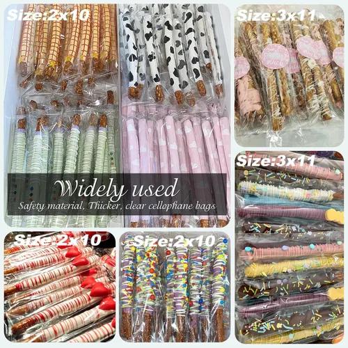 Miniatura 6 de Bolsas transparentes para barra de pretzel de 3 x 11 pulgadas, 200 unidades de largo sellado autoadhesivo de celofán, resellables, palitos