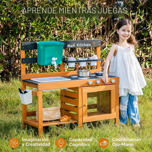 Miniatura 3 de ROBUD Cocina de Barro para Niños al Aire Libre, Cocina de Juego de Madera al Aire Libre, Cocina de Barro para Niños con Fregadero y Grifo