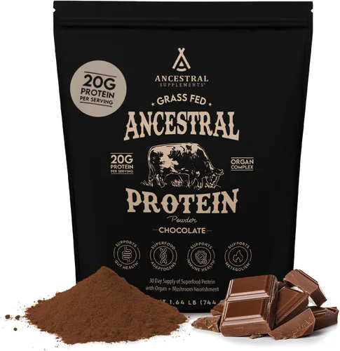 Ancestral Supplements Polvo de Proteína Alimentado con Pasto, Chocolate, Basado en Caldo de Hueso de Vaca con Órganos de Vaca y Hongos Orgánicos,