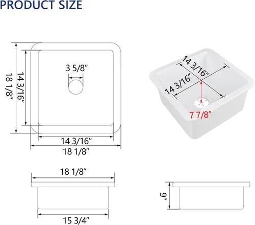 Miniatura 3 de DeerValley Fregadero de Cocina Empotrado de 45.7 cm L x 45.7 cm A Fregadero de Un Solo Tazón de Barro Refractario Cuadrado para Barra con Rejilla
