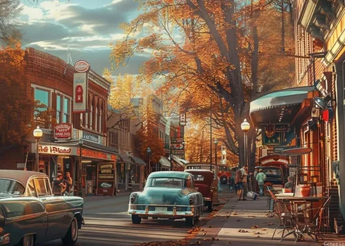Rompecabezas de calle principal de otoño de 1000 piezas para adultos, acogedora escena de ciudad pequeña con hojas de otoño y autos vintage, 20 x 28