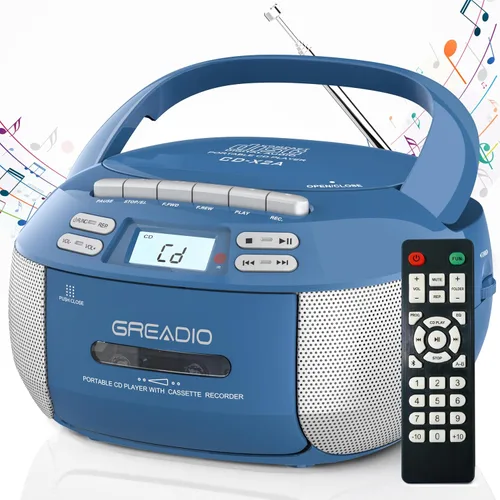 Miniatura 9 de Greadio Boombox - Reproductor de CD y cassette, Boom Box, reproductores de CD portátiles para el hogar con Bluetooth, compatible con radio AM FM