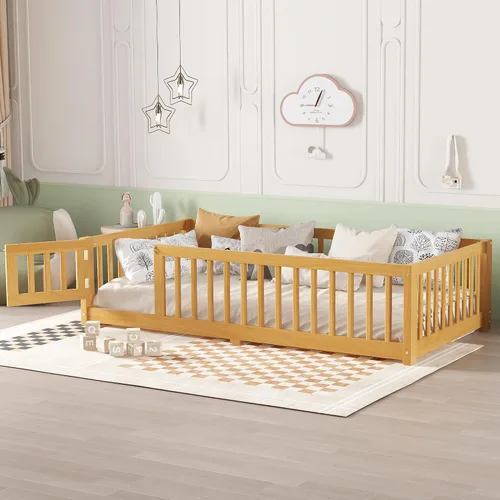 Miniatura 4 de Harper & Bright Designs Cama Montessori de madera tamaño individual, cama de piso con rieles altos, listones y puerta, marco de cama de madera