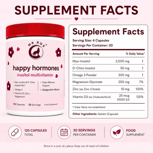 Miniatura 3 de Hormonas Felices • Multivitaminas para PCOS para Mujeres – Inositol Myo & D-Chiro 40:1, Omega-3, Vitamina D3, Zinc y Magnesio • Equilibrio Hormonal