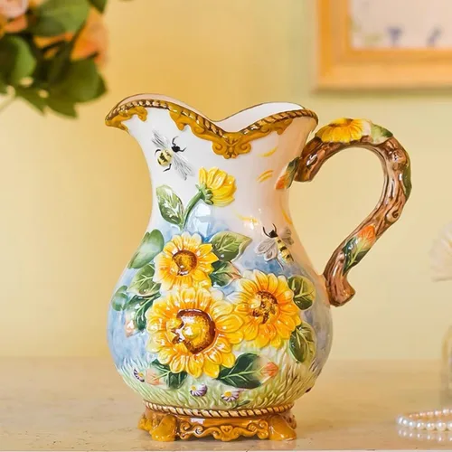 Jarra de agua grande de cerámica, pintada a mano, girasol y abeja, decoración del hogar de 8.7 pulgadas de alto, ramo de agujero (amarillo)