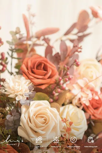 Miniatura 4 de Ling's moment Flores Artificiales de Otoño 25 Piezas Rosas Naranja Quemado Decoración c/Tallos, 3" Tacto Real DIY Espuma Floral para Ramo de O