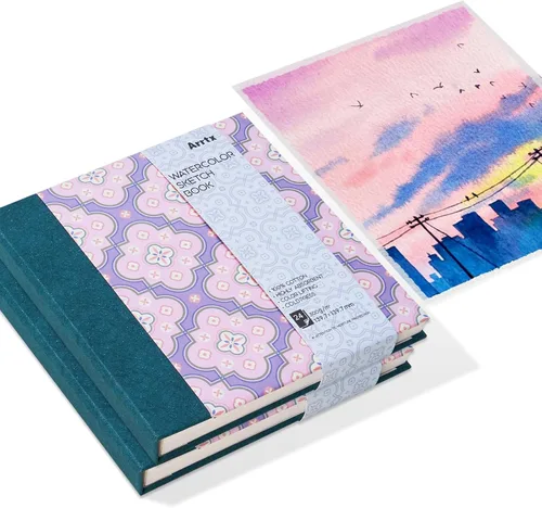 Miniatura 9 de Arrtx - Paquete de 2 cuadernos de bocetos de acuarela, 5.35 x 3.86, 140 libras, 300 GSM, papel 100% algodón, prensa en caliente, 40 hojas, diario