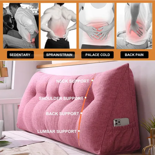 Miniatura 3 de Almohada triangular grande para cabecero de lectura, almohada de lino y algodón para sofá cama, cojín de apoyo de posicionamiento con funda Rosa