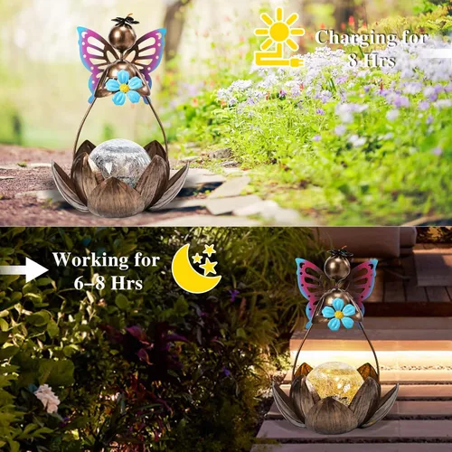 Miniatura 4 de Afirst Luces Solares para Exteriores, Lámpara Solar de Loto de Hadas para Decoración de Jardín, Bola Decorativa de Cristal Agrietado de Metal, Luz