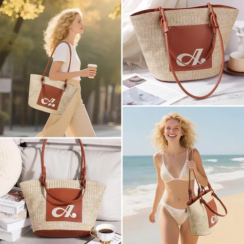 Miniatura 6 de ACUARIO Bolsa de paja para mujer, bolso tejido grande, bolso de mano de verano, bolso de hombro para mujer