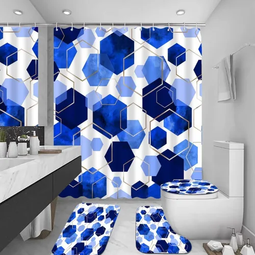Miniatura 3 de LQCOOL Juego de cortinas de baño azules, 4 piezas de cortina de ducha geométrica de arte moderno con 12 ganchos, impermeable, opaca, 70.8 pies