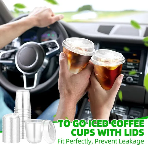 Miniatura 5 de 50 piezas de vasos de plástico para café con tapas con asa, vasos desechables de plástico PET transparente con tapas sin pajita para café helado
