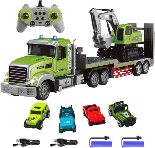 Miniatura 9 de Fistone Juego de juguete de camión y excavadora de semirremolque a control remoto, escala 1:12 con sonido y luces, 11CH 2.4Ghz control remoto camión