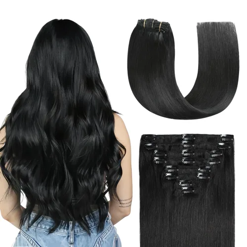 Miniatura 19 de Sunya Extensiones de cabello humano real con clip, color negro azabache, doble trama, lacio, 12 pulgadas, #1, 8 unidades, 3.53 oz