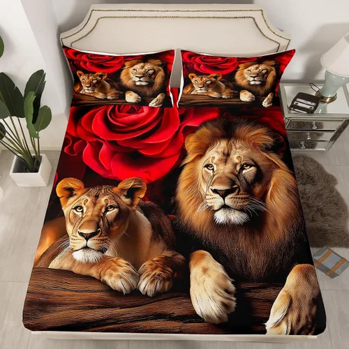 Miniatura 21 de Erosebridal Juego de sábanas bajeras de rosas rojas y leopardo, tamaño individual, diseño de animales africanos salvajes, diseño de plantas