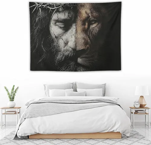 Miniatura 5 de JYOUQOC Tapiz de Jesús y el León para decoración de pared, arte de pared grande, telón de fondo para colgar para dormitorio, sala de estar