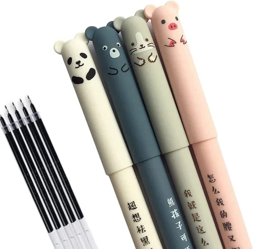 Miniatura 3 de 4 piezas/set Kawaii Pig Bear Cat Mouse Bolígrafos de gel borrables para la escuela, oficina, papelería, regalo 0.35mm Tinta azul y negra 4 Negro 4