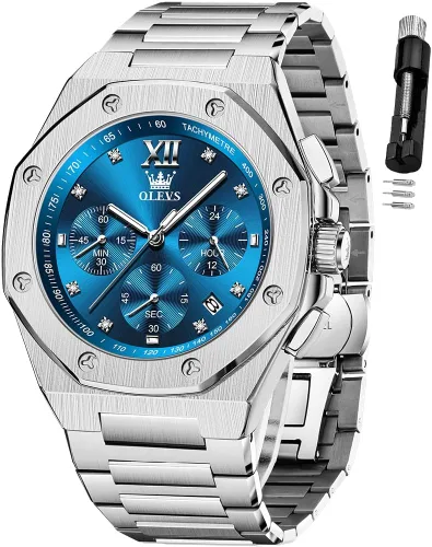 Miniatura 14 de OLEVS - Relojes de acero inoxidable para hombre, reloj de negocios y vestir de gran tamaño, fácil de leer, analógico, impermeable, luminoso, casual