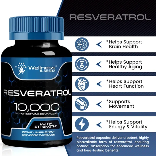 Miniatura 5 de WELLNESS LABSRX Suplemento de resveratrol de 1000 mg, 120 cápsulas (suministro de 60 días), trans-resveratrol de alta pureza ultra fuerte para un
