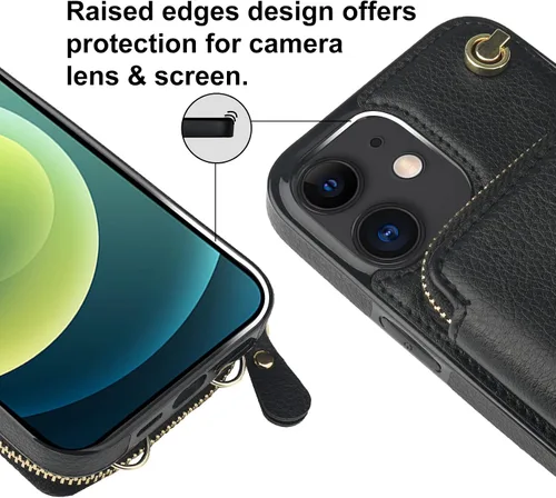 Miniatura 7 de Bocasal Funda tipo cartera cruzada para iPhone 12/12 Pro, funda de piel con bloqueo RFID y soporte para tarjetas, funda protectora con cremallera