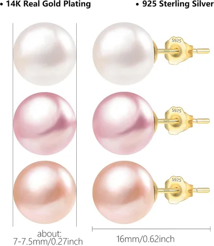 Miniatura 3 de Aretes de perlas para mujer, juego de tachuelas AAA de agua dulce, hipoalergénicos, de plata de ley, paquete múltiple